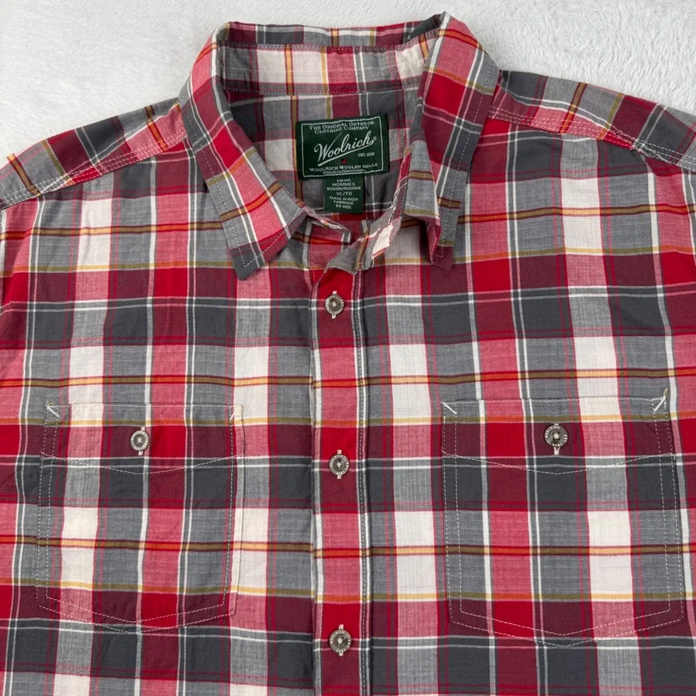 Woolrich Button Down Shirt Mens XL Red Plaid Short Sleeve Organic Cotton Stretch
